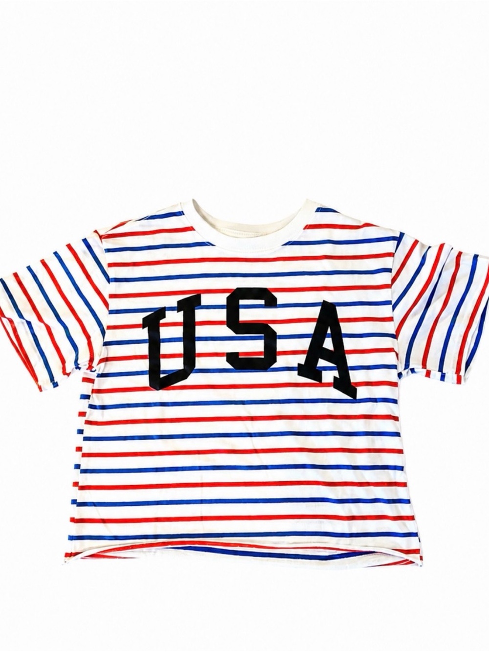 Mighty Fine “USA” women’s cropped red + white + blue tee. Size S